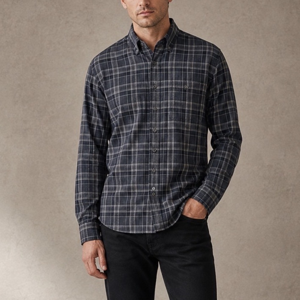 Todd Snyder Men's Plaid Flannel Shirt Large Gray Black Button Down Casual Grunge